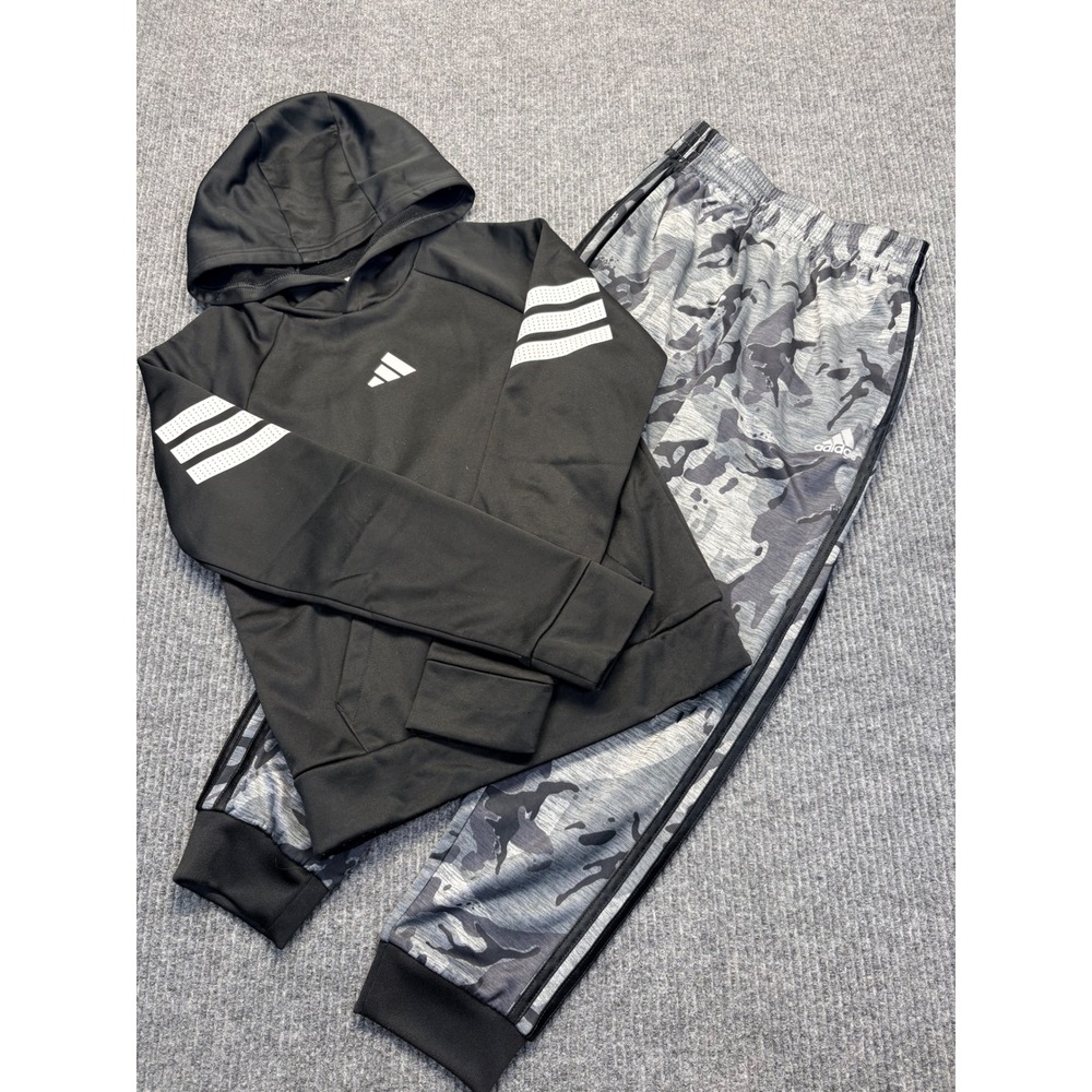 Adidas Kids Black Hoodie and Gray Camo Joggers Tracksuit Set Size Medium 10/12